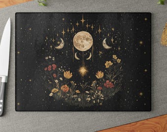 Floral Kitchenware Glass Board, Pagan Crystal Tray, Gothic chopping board, Witchy Altar Glass Board, Cottagecore Chopping Board, Moon Phases