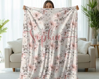 Floral Personalized Blanket Soft Polyester Throw New Home Gift for Her Housewarming Boho Style Women's Cottadgecore Decor  Cozy Blanket