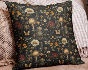 Moth & Mushroom Pillow Cover Goblincore Fall Decor, Moody Botanical Cushion Case,Dark Academia Home Aesthetic,Vintage Cottagecore Pillowcase
