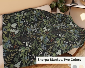 Sherpa Blanket dark Moody Floral Fern, Maximalist Cozy Decor Fall Flowers,Whimsigoth gift