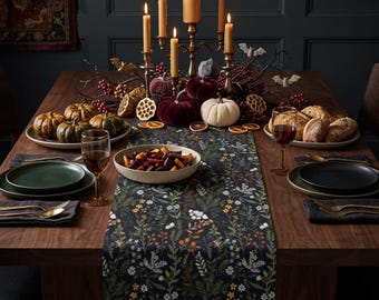 Dark Botanical Table Runner, Fall Table Decor, Moody Autumn Dining, Cottagecore Kitchen, Gothic Thanksgiving Decor