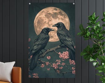 Romantic Gothic Raven Wall Flag, Dark Forest Crow Banner, Vertical Tapestry Art for Cottagecore, Witchy Home, Dark Academia Decor Goth decor