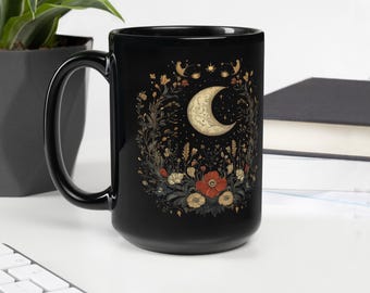 Czarny kubek z półksiężycem i dzikimi kwiatami o pojemności 15 uncji, ceramiczny kubek z motywem czarownicy boho w stylu gotyckim i kwiatowym, magiczny kubek do kawy z fazą księżyca