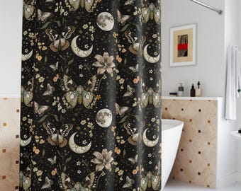 Moth & Moon Floral Shower Curtain – Moody Luna Moth, Dark Academia, Cottagecore Boho Bathroom Decor, Gothic Witchy Gift