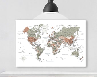 Housewarming Gift Poster, Vintage World Map Print in Taupe and Gray, New Home Decor, Detailed World Map Art, First Home Wedding Gift Noel