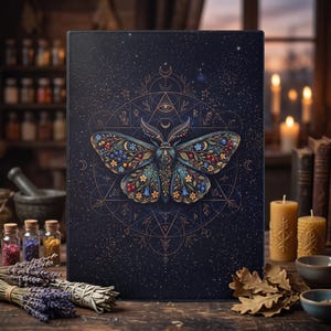 May include: A rectangular dark blue board featuring a central moth illustration adorned with colourful floral and berry patterns. The moth is framed by intricate gold geometric lines, celestial symbols, and a starry night sky background design.