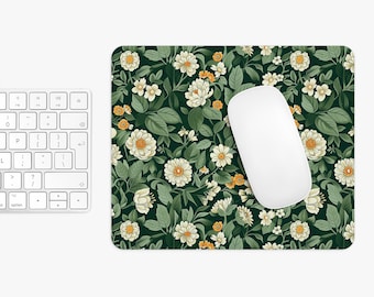 Mini Mouse Pad Green Floral William Morris, Bohemian Deskmats Decor, Cottagecore Home Office Desk Accessory, Vintage Desk Mat
