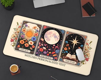 Custom Tarot Desk Mat with Name, Sun Moon Star Witchy Mouse Pad, Personalized Boho XL Desk Pad, Spiritual Aesthetic Office Gift