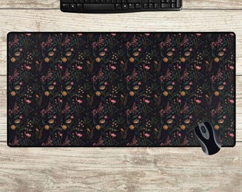 Dark Botanical Desk Mat, Dark Cottagecore Large Mouse Pad, Herbal Desk Decor, Forest Green Mat, Flower Desk Aesthetic, teacher gift idea