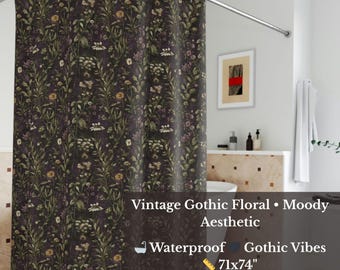Witchy Shower Curtain – Dark Floral Gothic Botanical Bath Cottagecore Bathroom Decor, Botanical Witch Gift, Moon Altar Witchcore Style