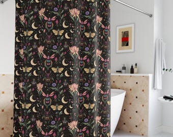Shower Curtain Whimsigoth Bugs Moth, Witchy Gothic Bathroom Curtain, Moody Dark Botanical Aesthetic Apartment, Spooky Cottagecore Curtain
