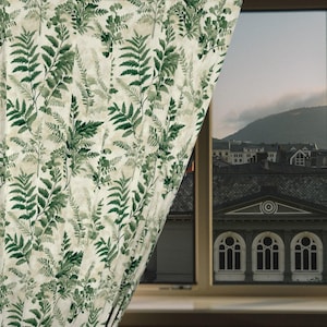 Sage Green Fern Window Curtain, Cottagecore Boho Drapes, Botanical Witchy Window Panel, Floral Curtain for Living Room Decor, Plant Curtain