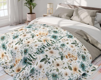 Blanket Personalized Watercolor Floral Vintage Rustic Style Blanket with Name Custom Cozy Throw Blanket Gift for Birthday Anniversary Her