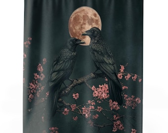 Gothic Raven Couple Shower Curtain Full Moon, Dark Forest, Witchy Halloween Decor Romantic Witch Gift Cottagecore Witch Aesthetic Whimsigoth
