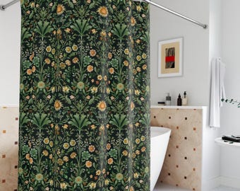 Dark Forest Botanical Shower Curtain, Green William Morris Botanical, Dark Cottagecore Bathroom Decor, Moody Nature Plant Print Aesthetic
