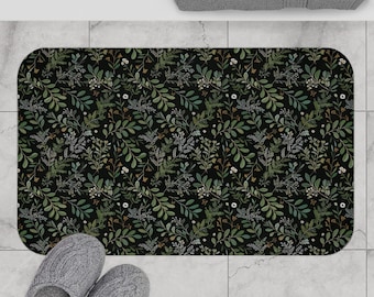 Gothic Bathroom Decor Botanical Bath Mat Moody Fern Floral with Ferns & Daisies, Dark Academia, Cottagecore Woodland Whimsy Rug Whimsigoth