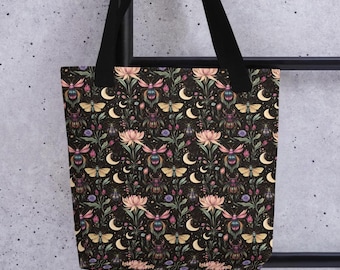Witchy Tote Bag dark Boho Bugs and Florals Moth, Gothic Shopper Bag aesthetics, Cottagecore Grocery Bag Dark Academia Summer Beach Tote
