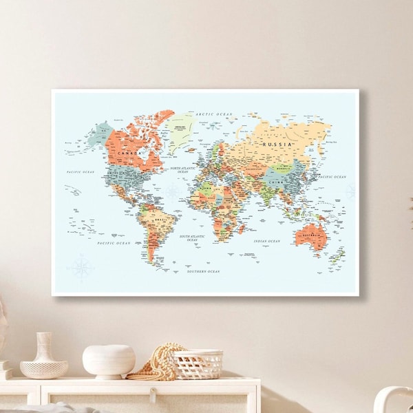 Wereldkaart met landen afdrukbare poster, wereldkaart kunst aan de muur downloaden, grote slaapzaaldecoraties, gastenboek bruiloft, reisposter afdrukken