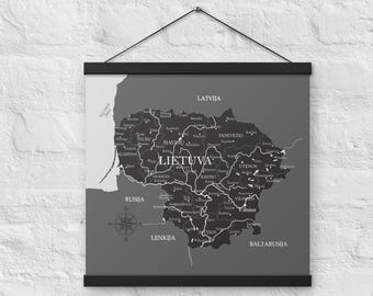 Lithuania map wall art with wooden hangers, Scandinavian style map decor, minimalist poster for home, gift for travelers, Baltic wall decor