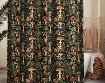 Mushroom Shower Curtain Dark Forest | Witchy Bathroom Decor | Gothic Cottagecore Botanical | Moody Red Toadstool Mushrooms