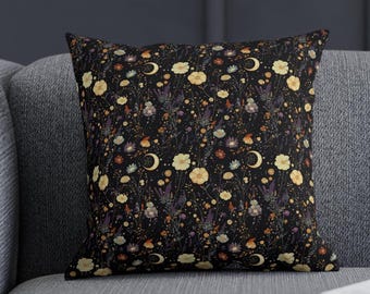 Celestial Moon Faux Suede Pillowcase | Dark Cottagecore Decor | Night Garden Throw Pillow | Dark Academia Gift | New Home Accent for Her