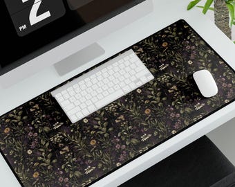 Dark Cottagecore Mouse Pad Floral Desk Large Mat, Whimsigoth Desk Vintage Wildflower Gift, Witchy Desk Accessory Gothic Botanical Fern