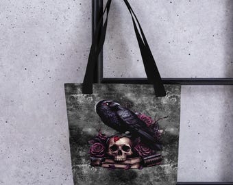 Gothic Raven Skull Tote Bag: Dark Academia Book Lover Accessory