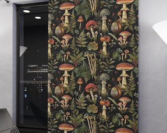 Witchy Mushroom Window Curtain | Dark Cottagecore Forest Drapes | Amanita Black Botanical Panel | Fall Fairycore Room Decor | One Panel