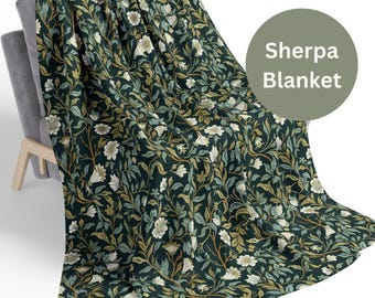 William Morris Sherpa Blanket, Dark Botanical Throw, Sage Green Floral Couch Blanket, Vintage Fall Decor, Designer Cozy Home Gift, Bed Throw