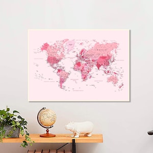 Poster carte du monde rose poudré, grande impression de carte murale précise, grande carte de voyage détaillée avec villes, poster rose, décoration murale de chambre de fille, Noël