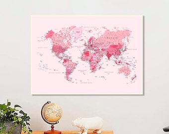 Dusty Pink World Map Poster,Accurate Big Wall Map Print, Detailed Large Travel Map with Cities, Pink Poster Girl room wall decor, Christmas