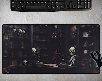 Gothic Desk Mat, Skeleton MousePad, Dark Moody Floral Deskpad, Dark Academia Mousemat, Extra Large Dark Cottagecore Table Decor, Desk Mats