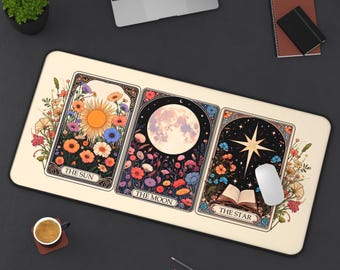 Boho Tarot Desk Mat – Witchy Mouse Pad with Sun Moon Stars | Floral Spiritual Office Decor | Gift for Tarot Lovers, Mystics & Witches