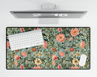 Cottagecore Desk Mat Floral Roses Large mouse pad Boho Vintage Rose Mousepad, William Morris Inspired Desk Mat, Blue Floral Mouse Pad