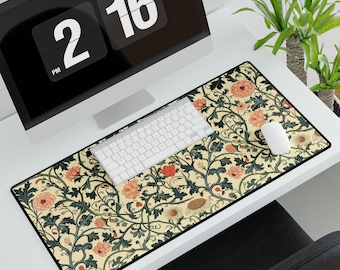 William Morris Botanical Desk Mat – Art Nouveau Leaf Print Mouse Pad | Victorian Floral Boho Office Decor | Back to School Gift