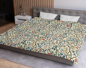 William Morris Botanical Duvet Cover – Beige Green Blue Floral Bedding, Vintage Cottagecore Quilt Cover, Victorian Gothic Bedroom Decor