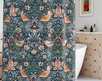 William Morris Shower Curtain Strawberry Thief Bathroom Decor Vintage Floral Cottagecore Boho Bath Gift for Couple Victorian Home decor