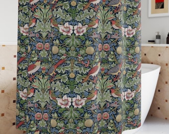 Shower Curtain Bird Floral William Morris: Boho Botanical Cottagecore Bath