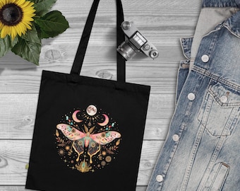 Celestial Moth Tote Bag Bohemian Canvas Bag Dark Academia Celestial Tote Eco-friendly Shopping Bag Cottagecore Witchy Gift for Birthday