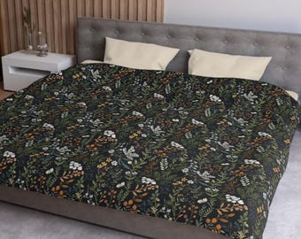 Dark Moody Floral Duvet Cover – Autumn Botanical Bedding, Cottagecore Fall Bedroom, Gothic Ferns & Wildflowers, Cozy Dark Academia Decor