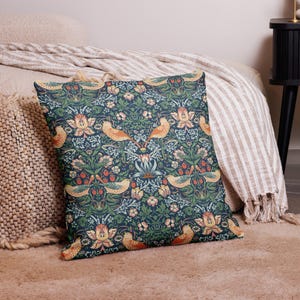 Strawberry Thief Pillow Cover – William Morris Art Nouveau Cushion, Cottagecore Botanical Linen Feel Throw Pillowcase for Sofa or Bed