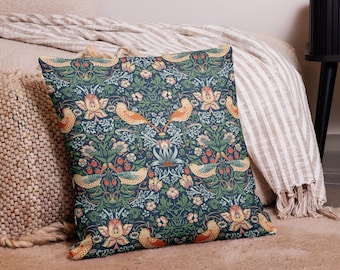 Strawberry Thief Pillow Cover – William Morris Art Nouveau Cushion, Cottagecore Botanical Linen Feel Throw Pillowcase for Sofa or Bed
