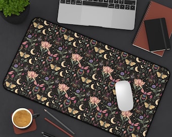 Large desk mat mat Bugs and Florals, Gothic Mousepad, Dark Academia Keyboard Mat, Witchy Aesthetic Office Decor, Cottagecore Desk Pad Moth