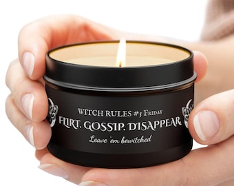 Friday Witch Candle Flirt Gossip Disappear Spell Candle for Fall, Halloween Gift, Witchy Ritual Tin Candle, Cozy Autumn Mood, Witchy Rules