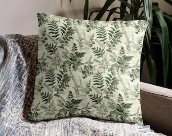 Fern Pillow Cover, Botanical Pattern Cushion, Natural Bohemian Sage Green, Cottagecore Home Decor, Witchy Plant Pillow, Forest Aesthetic