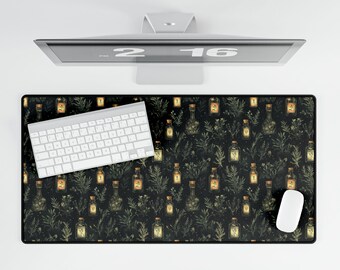 Botanical Desk Mat Dark Cottagecore Mouse Pad with Apothecary Bottles Ferns Garden Aesthetic Vintage Nature Decor Witchy Desk Pad