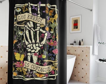 Witchy Skull Shower Curtain Good Energy Is Contagious, Dark Fall Bathroom Decor, Spooky Gothic Witch Bathroom, Halloween Skeleton Curtain