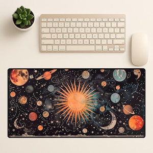 Celestial Sun Planets Desk Mat XL Vintage Solar System Mouse Pad for Gamers & Artists, Celestial Desk Mat Whimsigoth Space Office Decor