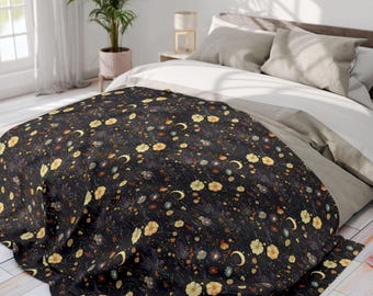 New Moon Blanket Soft Polyester Throw New Home Gift for Her Housewarming Gift for Witches Dark Cottadgecore Decor Moonful Floral Garden