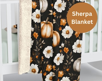 Watercolor Pumpkin Sherpa Blanket Fall Floral Throw for Thanksgiving Decor Halloween Cozy Home Gift Autumn Sofa Couch Bedding